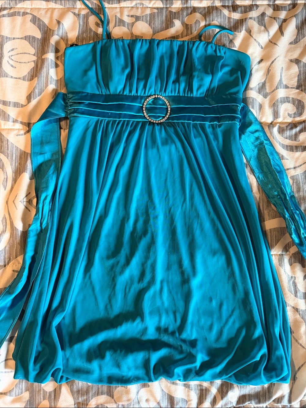 Teal Spaghetti Strap Party Dress with Rhinestone Waist - Women size M